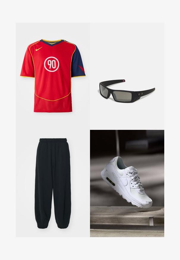 A camisola desportiva vermelha possui mangas curtas e um decote em V. O design inclui detalhes azuis, com uma faixa amarela e um logotipo circular branco com "90".; Calças de fato de treino pretas, com cintura elástica e um corte solto, com punhos nas pernas, textura suave e sem padrões visíveis ou detalhes de metal.; Sapatilha Nike Air Max 90 branca com parte superior em malha e couro, caixa de dedos perfurada e uma unidade de ar visível no calcanhar.; Óculos de sol pretos com acabamento mate, lentes retangulares, leve curvatura nas hastes, detalhe sutil do logo e lentes de cor fumada.