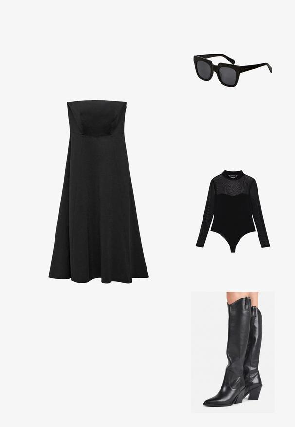 Even&Odd Majica z dolgimi rokavi - black; Črna brezramna obleka s prilegajočim korzetom in širšim, dolgem krilom, ki sega do tal. Narejena iz gladkega materiala brez vidnih vzorcev ali dodatkov.; Črne usnjene škornje do kolen s koničastim nosom, ukrivljenim steblom in debelim petkom. Imajo gladko teksturo in ušesca na vrhu.; Črne pravokotne sončna očala z debelimi plastičnimi okvirji in temnimi lečami. Ročaji so elegantni s sijočo površino in minimalnim blagovnim znakom.; Črna usnjena torba s ukrivljeno zasnovo, z zlatimi dodatki in zgornjim ročajem. Ima eleganten zapirni mehanizem in gladko teksturo.