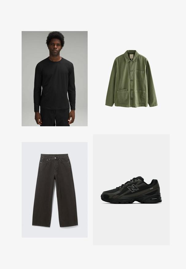 Schwarzes Langarmshirt mit rundem Halsausschnitt, aus glattem Stoff gefertigt, mit lässiger Passform und minimalen Nahtdetails.; Olivegrüne Jacke aus Baumwolle mit Knopfleiste, spitzem Kragen und vier Taschen. Hat eine entspannte Passform und weiche Textur.; Hochwaisted, weit geschnittene schwarze Denim-Jeans verfügen über ein Fünf-Taschen-Design und einen Knopfverschluss. Der Stoff hat eine weiche, strukturierte Oberfläche.; Schwarze Sportschuhe mit einer strukturierten synthetischen Oberseite, ausgestattet mit einer gepolsterten Sohle und einem auffälligen "N"-Logo an der Seite. Das Design umfasst leichte Mesh-Bereiche.
