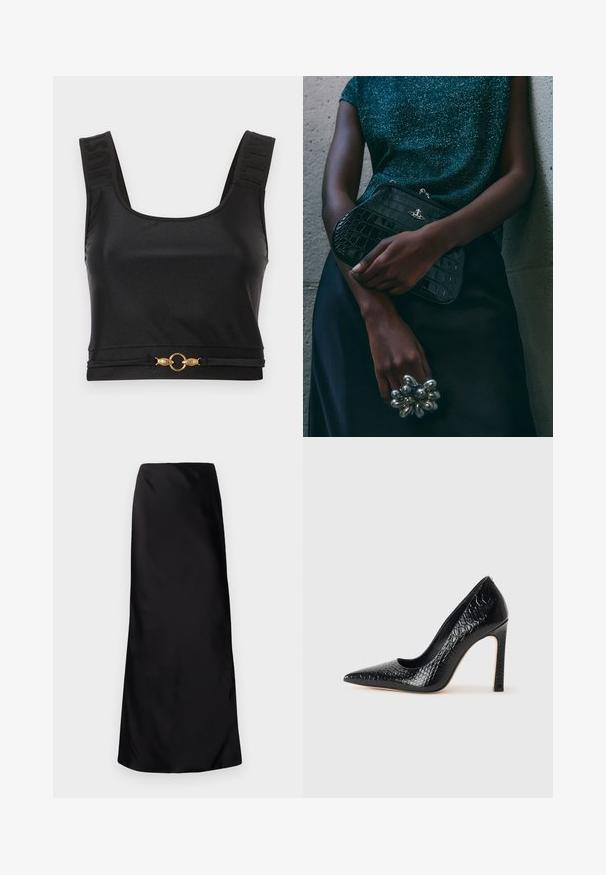 Fekete cropped top sima anyagból. Széles pántokkal rendelkezik, melyeken domború szöveg található, és arany kör alakú díszítéssel a hemnél. Egyszerű, elegáns dizájn.; Norma Kamali BIAS OBIE SKIRT - Maxi szoknya - black; Fekete hegyes orrú magassarkú cipő krokodilbőr textúrával, letisztult dizájnnal, magas tűsarkú és sima fekete belső résszel.; Fekete krokodilbőr mintázatú válltáska ezüst hardware-rel, egy texturált szürke háttér előtt tartva. Fényes felülettel rendelkezik.