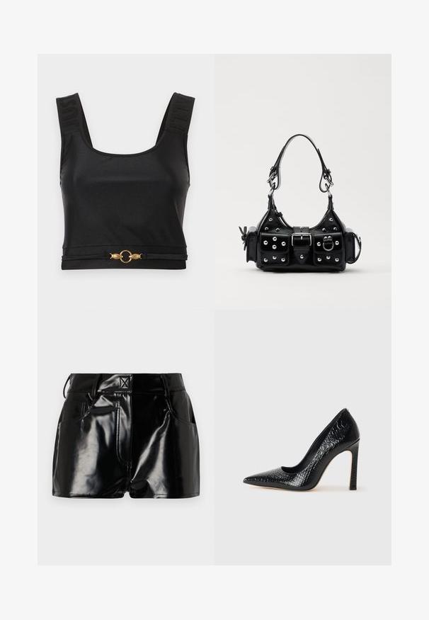 Czarny top typu crop z gładkiego materiału. Posiada szerokie ramiączka z wytłoczonym tekstem oraz złoty okrągły akcent na dole. Prosty, elegancki design.; Czarne, błyszczące spodenki wykonane z materiału syntetycznego. Posiadają dopasowaną talię, szlufki na pasek oraz przednie kieszenie z wyraźnymi detalami stębnowania.; Czarne szpilki z ostrym noskiem, pokryte teksturą skóry krokodyla, charakteryzujące się eleganckim wzornictwem, wysokim obcasem w stylu stiletto oraz gładkim czarnym wnętrzem.; Czarna skórzana torebka w zakrzywionym kształcie, z srebrnymi ćwiekami, klamrą i dwoma bocznymi kieszeniami. Regulowany pasek umożliwiający różne opcje noszenia.