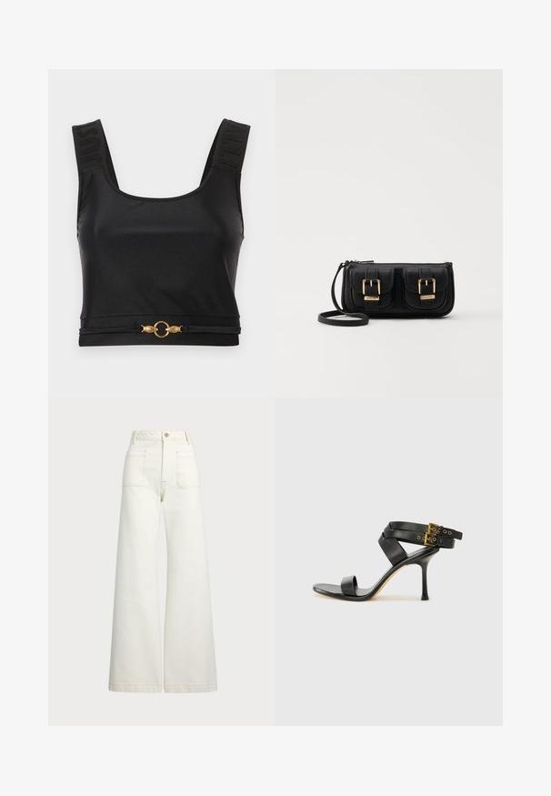 Sort crop top lavet af glat stof. Har brede stropper med præget tekst og en gylden cirkulær accent i kanten. Enkel, elegant design.; Pæne brede jeans i off-white denim. Høj talje med knaplukning, to forlommer og detaljer med kontrastsyning.; Sort hæl-sandal med krydsede stropper og justerbar spænde. Har en glat overflade og spids stilettohæl.; Sort læder crossbody taske med to frontlommer, guldspænder, lynlåslukning og en slank rem. Struktureret overflade og kompakt rektangulær form.