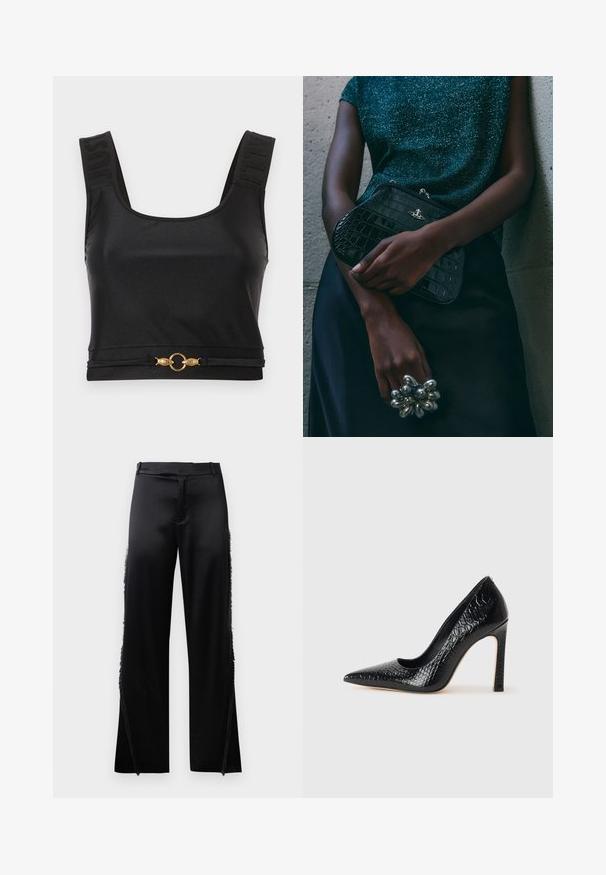 Top corto nero realizzato in tessuto morbido. Presenta spalline larghe con testo in rilievo e un accento circolare dorato all'orlo. Design semplice e raffinato.; Pantaloni in satin nero con gambe larghe, caratterizzati da dettagli in frange lungo le cuciture laterali e una cintura piatta in vita. Retro semplice senza tasche.; Scarpa nera con punta a punta alta in pelle di coccodrillo, caratterizzata da un design elegante, alto tacco a spillo e interno nero liscio.; Clutch bag nera con motivo coccodrillo e hardware argentato, appoggiata su uno sfondo grigio texture. Presenta una superficie lucida.