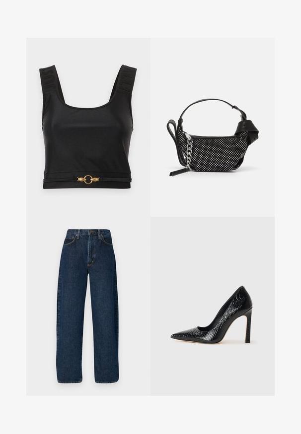 Top corto nero realizzato in tessuto morbido. Presenta spalline larghe con testo in rilievo e un accento circolare dorato all'orlo. Design semplice e raffinato.; Jeans in denim blu a gamba larga con vita alta, caratterizzati da un classico styling a cinque tasche e cuciture a contrasto lungo le cuciture.; Scarpa nera con punta a punta alta in pelle di coccodrillo, caratterizzata da un design elegante, alto tacco a spillo e interno nero liscio.; Borsa nera con decorazioni a borchie, una tracolla a catena e un manico in pelle liscia, dalla forma rotonda e con scomparto con zip.