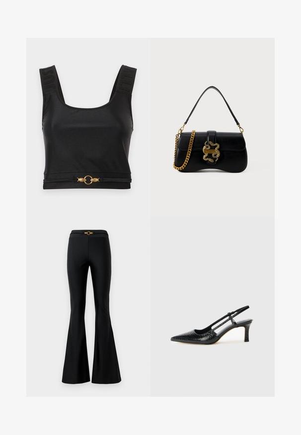 Svart crop top laget av glatt stoff. Har brede stropper med preget tekst og en gullsirkel aksent i kanten. Enkel, stilren design.; Sorte flagrende bukser med en glat tekstur, der har en tætsiddende talje og en gylden cirkulær accent foran. Lavet af strækbart materiale.; Sorte patent slingback hæl med spids tå, featuring tekstureret slangeskind, justerbar rem og en kort, tekstureret blokhæl.; Svart lærhåndveske med buet form, gullslangeaccent og kjede-rem. Har klafflås og en metallisk logo-plade.