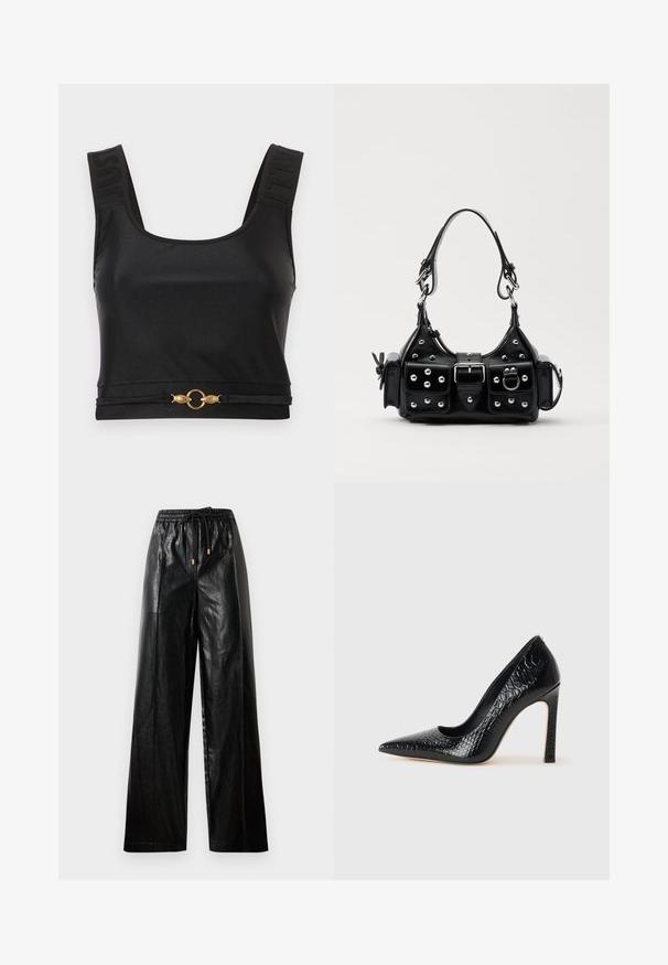 Mustat lyhyet topit, jotka on valmistettu sileästä kankaasta. Ominaisuuksia ovat leveät hihnat, joissa on kohotettua tekstiä ja kultainen pyöreä yksityiskohta helman kohdalla. Yksinkertainen, tyylikäs muotoilu.; Mustat nahkaiset leveälahkeiset housut, joissa on joustava vyötärö, naru ja kultaiset yksityiskohdat. Sileä pinta ja väljä istuvuus.; Musta kapea nilkkakorkokenkä krokotiilin nahkakuviolla, joka on varustettu tyylikkäällä muotoilulla, korkealla stiletto-korkealla ja sileällä mustalla sisäosalla.; Musta nahkainen käsilaukku, jossa on kaareva muotoilu, hopeiset niitit, solki ja kaksi sivutaskua. Säädettävä olkahihna erilaisiin kantovaihtoehtoihin.