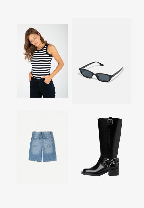 Stribet tanktop med sort og hvid vandret striber, ribbet tekstur og sort kant ved halsudskæringen, parret med mørke bukser.; Lette blå denimshorts med afslappet pasform. Har to baglommer og lige bendesign. Glat tekstur med minimal falming.; Sort læderknæhøj støvle med rund tå, en kraftig hæl, justerbar strop med hardware-accenter og en blank finish.; Sorte katteøje solbriller med mørke linser, plastikramme, slanke temple og diskret branding på den indre arm. Mat finish tekstur.; Sort læder skuldertaske med en buet silhuet, der har en guld kædestrop og en glat, blank finish.