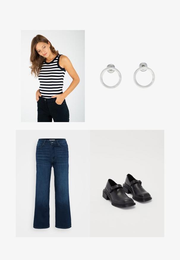 Striped tank top with black and white horizontal stripes, ribbed texture, and black trim at the neckline, paired with dark pants.; ONLY Petite ONLMADISON BLUSH WIDE - Wide Leg - dark blue denim; Black leather shoes with a rounded toe, flat sole, and a strap with a buckle detail. Chunky block heel for added stability.; Silver metal hoop earrings with a brushed texture, featuring a circular design and a clear post back for secure wear.