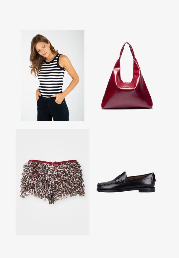 Gestreepte tanktop met zwart-witte horizontale strepen, geribbelde textuur en zwarte afwerking bij de halslijn, gecombineerd met donkere broeken.; Bloemenprint luipaardshorts met gelaagde ruffles, met een rode kant tailleband en een kleine strikaccent aan de voorkant.; Zwarte leren instappers met een gladde afwerking, ronde neus, decoratieve stiksels en een lage hak. Het ontwerp is minimalistisch zonder zichtbare hardware.; Rode glanzende leren handtas met een driehoekige vorm, brede opening aan de bovenkant en een enkele gebogen handgreep. Gladde textuur met minimale stikseldetails.