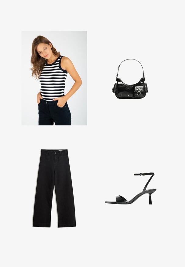Gestreepte tanktop met zwart-witte horizontale strepen, geribbelde textuur en zwarte afwerking bij de halslijn, gecombineerd met donkere broeken.; Zwarte denim broek met wijde pijpen en een hoge taille, voorzien van voor- en achterzakken, gestikte naden en een knoopsluiting. Gladde textuur.; Bershka Sandalen met hoge hak - black; Zwarte laarzen in lakleer met een gebogen vorm, één schouderband, voorvakken en accenten in zilverkleurig metaal.