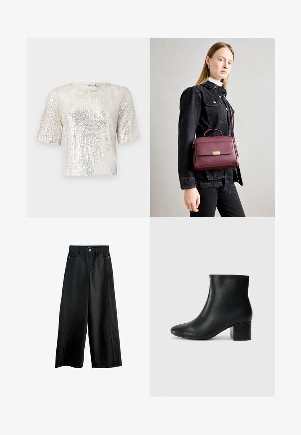Kreemivärvi lühikeste varrukatega särk, kaetud hõbedaste sädelustega. Omab ümmargust kaelust ja lõdva istuvusega, näidates tekstuurset pinnakatet.; Mustad mustad püksid, mis on valmistatud denimist, kõrge taljega, esikottide ja kontrastsete külgpistikutega. Puhtad, minimalistlikud. ; Mustad nahast pahkluu saapad terava varbaga ja jämeda kandaga. Sile tekstuur minimaalse aktsentidega ja stiilne, lihvitud disain.; Bordoo nahast käekott kuldse klambriga, struktureeritud kuju, pealne käepide ja reguleeritav õlapael. Mudel kannab teksajakki.