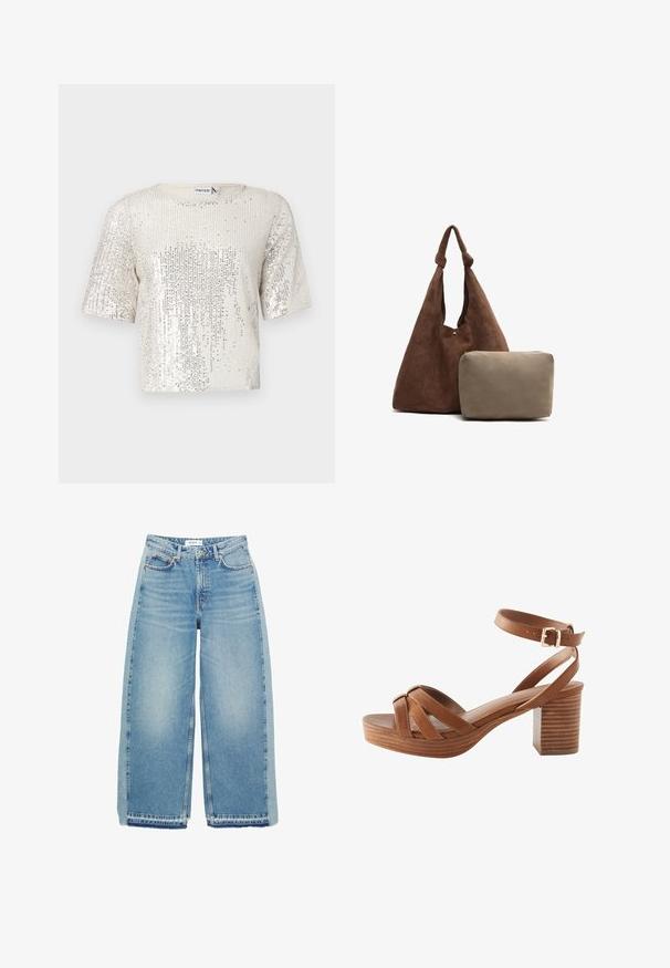 Krátký rukáv top v krémové tkanině, pokrytý stříbrnými flitry. Má klasický kulatý výstřih a uvolněný střih, který ukazuje texturovaný povrch.; Světle modré džínové kalhoty širokého střihu, vyrobené z denimu, s vysokým pasem, zapínáním na knoflík, předními kapsami a surovým lemem.; Next Sandály na platformě - tan brown; Hnědá semišová taška přes rameno s uzlovým popruhem, obsahující malou béžovou zipovou kapsičku. Taška má měkkou texturu a jednoduchý design.