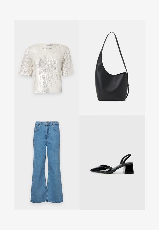 Short-sleeve top in cream fabric, covered with silver sequins. Features a round neckline and a relaxed fit, showcasing a textured surface.; Light blue flared jeans made of denim, featuring a high waist, five pockets, and a single button closure. Soft texture with faded finish.; Black patent leather slingback heels with a pointed toe and a geometric block heel. Features a sleek, minimal design and smooth texture.; Black leather hobo bag with a smooth texture, curved shape, and single adjustable strap; features a wide opening at the top.
