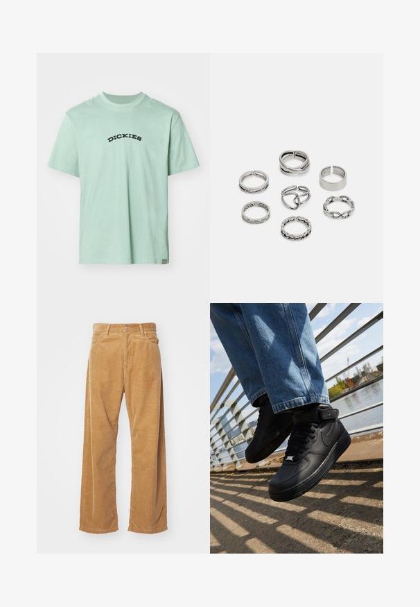 Šviesiai žalia medvilninė marškinėliai su juodu užrašytu „DICKIES“ logotipu priekyje. Klasikinis apvalus apykaklė ir trumpomis rankovėmis. Minimalistinis dizainas.; Aiviškai platūs šortai tan spalvos. Yra tekstūruoti, vertikalūs briauneliai, standartinė juosmens dalis ir dvi priekinės kišenės.; Juodos Nike Air Force 1 sportbačiai su odiniu viršumi, tinkleliu ant liežuvio ir guminiais padais, pasižymintys aukštu dizainu ir storomis raištelėmis.; Septyni sidabriniai žiedai, nusprendti įvairiais dizainais, įskaitant susuktus, susietus ir raižytus raštus. Skirtingos formos ir pločiai.
