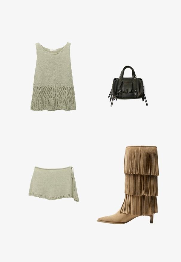 Top en tricot de couleur vert pâle avec un décolleté rond. Présente une section supérieure texturée et un bas à mailles lâches et ouvertes.; Jupe tricotée en vert clair avec un ourlet en dentelle festonnée, lien ajustable sur le côté et un tissu texturé.; Bottine à franges en daim tan avec trois couches de franges. Bout pointu et petit talon carré. Texture lisse sur l'ensemble.; Sac à main en cuir noir avec des poignées tressées, une poche zippée et des glands suspendus. Surface texturée avec des clous en métal et des accents en métal.