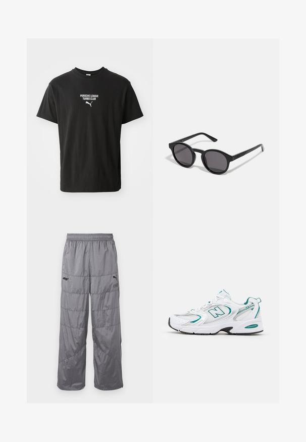 T-shirt de algodão preto com decote redondo, apresentando o texto impresso em branco "PORSCHE LEAGUE TURBO CLUB" e um pequeno logotipo Puma abaixo.; Calças puffer cinzas com um cós elástico, apresentando linhas de design acolchoadas e um pequeno logótipo preto na coxa esquerda. Material leve.; Sapatilha atlética branca com painéis de malha e sintético, accents em turquesa, ponta arredondada, frente com atacadores e sola de borracha preta.; Óculos de sol pretos com uma armação redonda, ligeiramente ondulada, lentes escuras e hastes pretas direitas. Acabamento suave e brilhante, sem padrões visíveis.