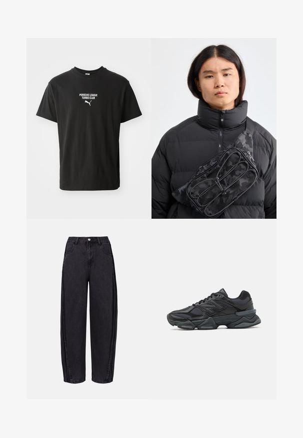 Must musta T-särk ümmarguse kaelusega, millel on valge trükitud tekst "PORSCHE LEAGUE TURBO CLUB" ja väike Puma logo all.; Mustad laiad teksapüksid, mis on valmistatud siledast denimist. Omavad kõrget taljejoont, esikotte ja nööpe kinnitamist talje ümber.; Mustad mustus jooksukeng, mis sisaldab segu võrgust ja sünteetilisest materjalist, jäme talla, kaarduv disain ja silmapaistev bränding külgedel.; Mustast nailonist vöökotist, millel on metsikute mustritega kamoflaaž ja lukuga taskud, kanda diagonaalis musta paksu jope peal, millel on kõrge krae.