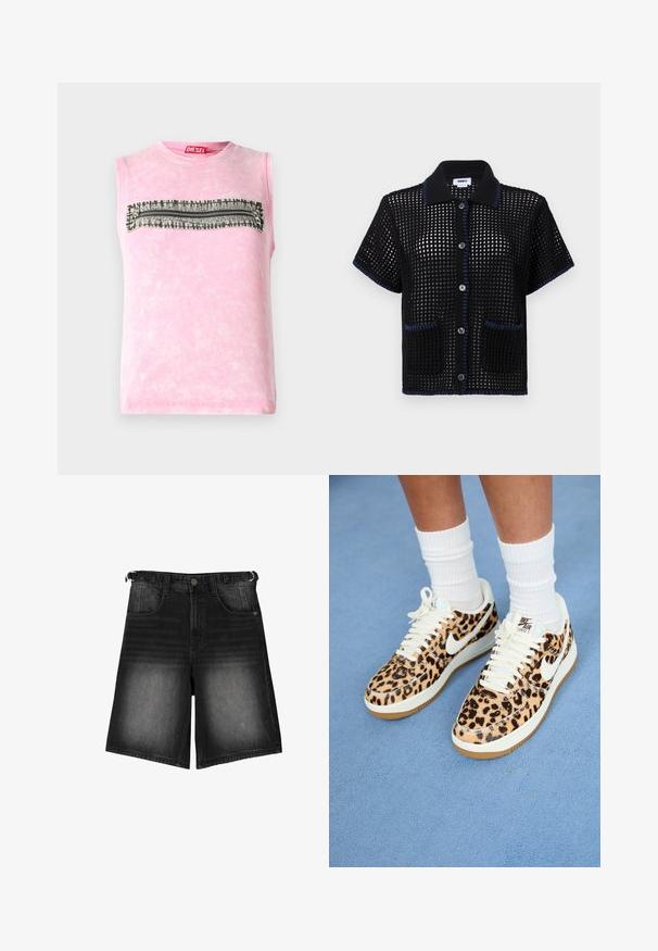 Ujjatlan rózsaszín pamut póló, amelyen egy vízszintes fekete-fehér mintás csík található a mellen. Kereknyakú, puha tapintású.; Fekete kötött, rövid ujjú póló, hálós mintával, kék díszítéssel a gallér és a zseb szélein, elöl gombokkal.; Fekete farmer rövidnadrág, amely elhalványult megjelenésű, öt zsebbel, gombos záródással és övhurkokkal rendelkezik. Az anyag sima tapintású.; Leopárd mintás Nike Air Force 1 tornacipő fehér fűzőkkel és pipa logóval, bézs gumi talppal és texturált felső résszel. Fehér crew zoknik láthatók.