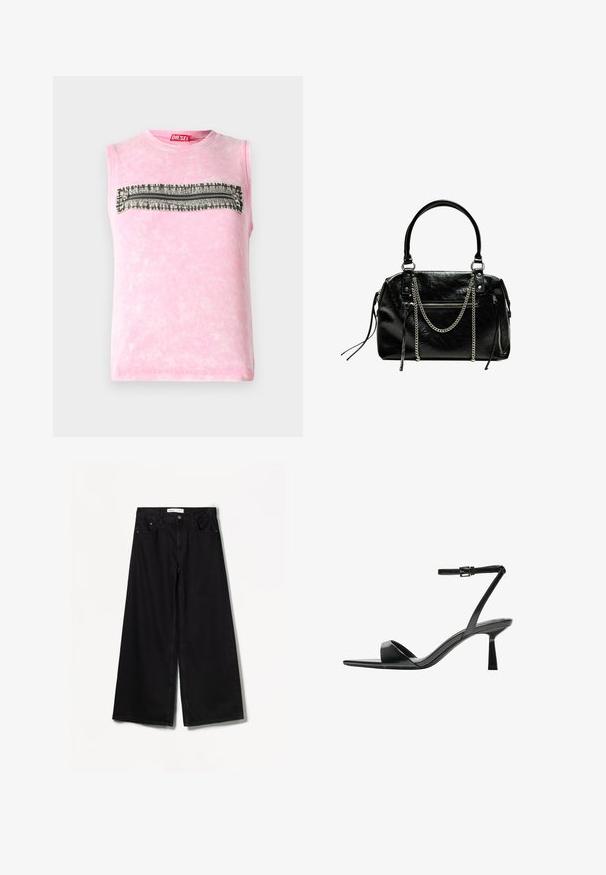 Mouwloze roze katoenen t-shirt met een horizontale zwart-witte gestreepte band over de borst. Ronde halslijn, zachte textuur.; Bershka WIDE-LEG - Wide leg - black; Bershka Sandalen met hoge hak - black; Bershka WITH CHAIN - Handtas - black