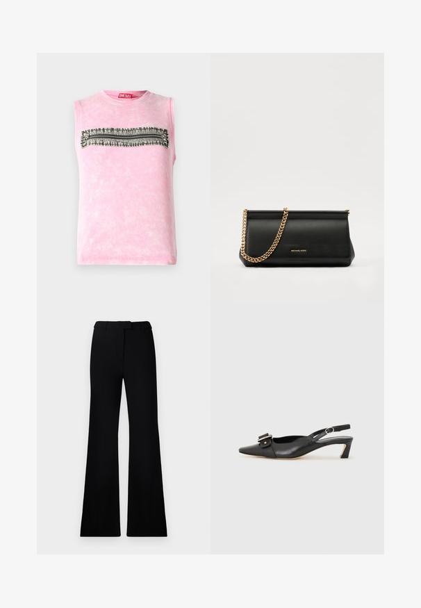 Różowa bawełniana koszulka bez rękawów z poziomym czarno-białym paskiem na wysokości klatki piersiowej. Okrągły dekolt, miękka tekstura.; Czarne rozszerzane spodnie o gładkiej fakturze, z dopasowaną talią i kieszeniami z przodu, zaprojektowane w eleganckim, nowoczesnym stylu.; Czarne skórzane buty typu slingback z ostrym noskiem, małym obcasem i ozdobnym zapięciem na górze. Gładka faktura, minimalistyczny design.; Czarna skórzana kopertówka z złotym łańcuszkiem, charakteryzująca się gładką fakturą, prostokątnym kształtem i wytłoczonym logo z przodu.