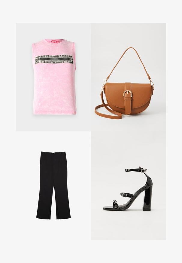 Ružový bavlnený tričko bez rukávov s horizontálnym čierno-bielym prúžkom cez hruď. Okrúhly výstrih, jemná textúra.; Čierne nohavice so strihom rovného strihu, s prednými vreckami a bočnými rozparkami na leme. Vyrobené z mäkkej, hladkej tkaniny. Vhodné na rôzne príležitosti.; Čierne lakované sandále na podpätku so štvorcovou špičkou, navlečenými remienkami okolo členku a striebornými prackami. Disponujú masívnym blokovým podpätkom pre stabilitu.; Hnedá kožená kabelka cez telo s zakriveným tvarom, zlatými kovovými doplnkami a akcentom s prackou. Obsahuje odnímateľný ramenný popruh.