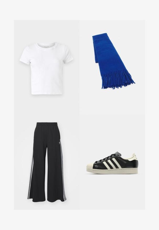 White cotton short-sleeve t-shirt with a round neckline, smooth texture, and a fitted design. No patterns or visible hardware.; Black wide-leg sweatpants with an elastic waistband, featuring white side stripes and an embroidered logo on the left thigh.; Black leather sneaker with white stripes, rubber toe cap, black laces, and a cream-colored outsole. Smooth texture with shiny finish.; Blue woven scarf with fringed ends, smooth texture, rectangular shape, and uniform color throughout. Suitable for cold weather.