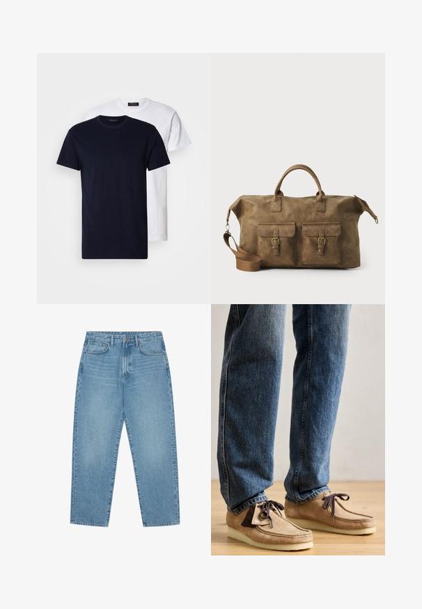 To cotton t-shirts: en marineblå og en hvid, begge med korte ærmer og rund hals, glat tekstur og ingen synlige mønstre.; Lys blå denim wide-leg jeans med høj talje, der har fem lommer, bæltestropper og en blød, let falmet tekstur.; Suedemokasiner i tan med mørkebrune accenter, rund tå og blød hvid sål. Har snøre-design og syede detaljer.; Brun læder duffel taske med to forlommer, justerbar skulderrem, guldfarvet hardware og robuste top håndtag. Glat tekstur.