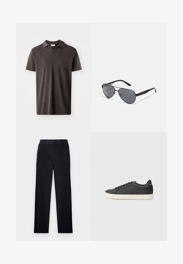 Donkerbruine polo shirt met korte mouwen, voorzien van een klassieke kraag en een subtiele textuur in de stof, met een rechte zoom en een minimalistisch ontwerp.; Zwarte broek van een lichtgewicht, gestructureerde stof, met een recht model, elastische Tailleband en zijzakken met rits.; Zwarte leren sneaker met een laag profiel, ronde neus en vetersluiting; beschikt over een getextureerde rubberen zool en logo-detail op de hiel.; Zwarte piloten zonnebril met donkere glazen, dunne metalen frame en slanke plastic poten met logo-accenten.