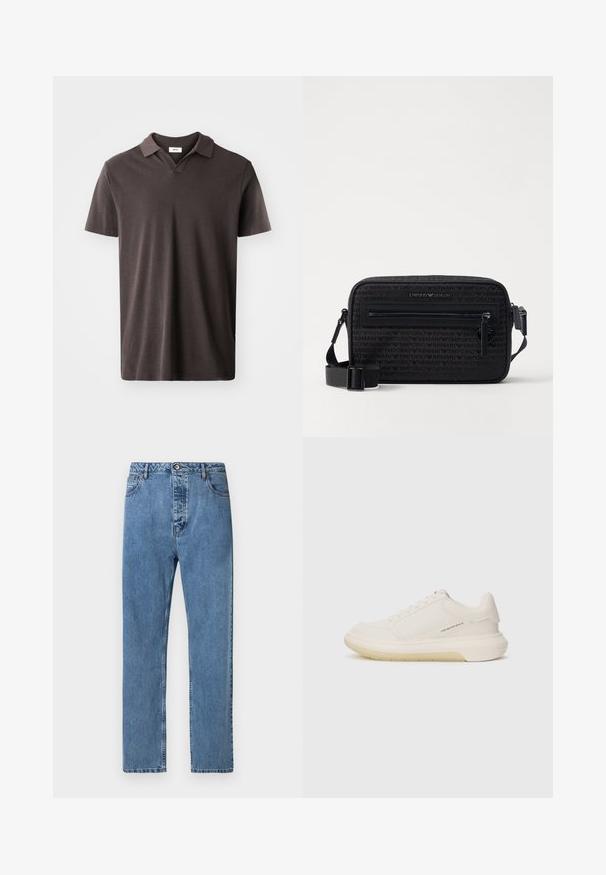 Sötétbarna rövid ujjú polo ing klasszikus gallérral és finom mintázatú anyaggal, egyenes alsó szegéllyel és minimalista dizájnnal.; Kék farmernadrág, egyenes fazonnal, elülső gombos és cipzáras záródással, ötpocket dizájnnal és finom elhalványulással.; Fehér sportcipő sima bőr felsőrésszel, lekerekített orral és vastag gumitalppal. Minimalista varrásokkal és diszkrét logóval a szinten.; Fekete keresztpántos táska texturált anyagból, cipzáras elülső zsebbe, állítható pánttal és dombornyomott logóval ellátva.