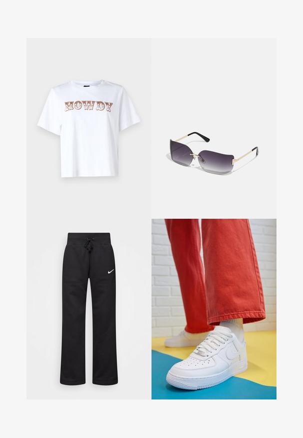 Λευκό βαμβακερό t-shirt με κοντά μανίκια και στρογγυλή λαιμόκοψη, με την επιγραφή "HOWDY" σε στυλιζαρισμένα καφέ γράμματα μπροστά.; Μαύρο φόρμα από μείγμα βαμβακιού, με ρυθμιζόμενη μέση και ίσια πόδια, και άσπρο λογότυπο Nike στη αριστερή πλευρά.; Λευκό δερμάτινο αθλητικό Παπούτσι με τρύπες στην μύτη, υφασμάτινη σόλα και λευκές κορδόνι, συνδυασμένο με φαρδιά κόκκινα παντελόνια και μπλε-κίτρινο φόντο.; Γυαλιά ηλίου με γκρι φθίνουσα φακό, χρυσό μεταλλικό σκελετό και μαύρες πλαστικές λεπτομέρειες. Μοναδικοί φακοί σε σχήμα πεταλούδας με λεπτά βραχίονες.; Μαύρη τσάντα hobo από λεία υλικό που μοιάζει με δέρμα με στροβιλιστή λαβή, διαθέτοντας μαλακή, στρογγυλή μορφή και κλείσιμο με φερμουάρ στο επάνω μέρος.; Χρυσά σκουλαρίκια κρίκοι με ομαλή, γυαλιστερή επιφάνεια. Κυκλικός σχεδιασμός που διαθέτει μια μικρή βάση και διαφανή στήριξη για ασφαλή χρήση.