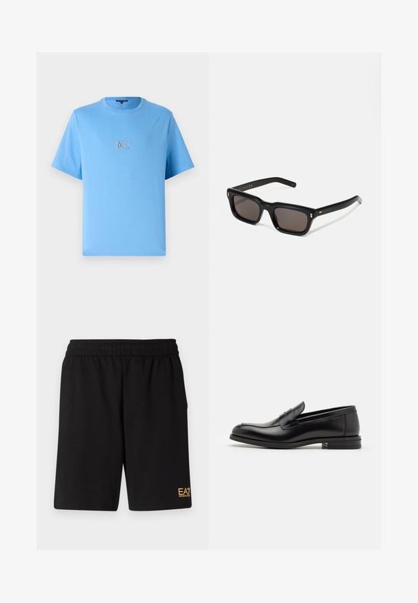 Světle modré krátkosrsté tričko z bavlny, s malým stříbrným logem "MK" umístěným na hrudi v obdélníkovém rámečku.; Černé sportovní šortky vyrobené z měkké látky, s elastickým pasem a malým žlutým logem EA7 na dolní části levé nohy.; Černé kožené polobotky s hladkou texturou, zaoblenou špičkou a zdobným páskem přes nárt. Nízký stohovaný podpatek, minimalistický design.; Černé obdélníkové sluneční brýle s tmavými skly, silným plastovým rámem, zlatými akcenty na spáncích a vyrytým logem značky na nožičce.
