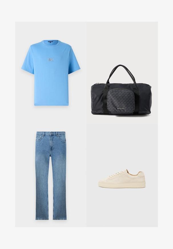 Camiseta de manga curta azul claro, feita de algodão, com um pequeno logótipo "MK" prateado centrado no peito, dentro de um contorno retangular.; Calças de ganga de denim azul claro com corte reto, cinco bolsos, fecho de correr e costuras em contraste. O tecido tem um acabamento liso e texturizado.; Sapatilhas de camurça bege com um design de cano baixo, bico redondo, atacadores planos e uma sola de borracha texturizada. Estilo minimalista sem logótipos visíveis.; Saco de duffle preto da Michael Kors com alças duplas, bolso frontal com fecho e padrão de logótipos MK repetidos, apresentando a marca Michael Kors.