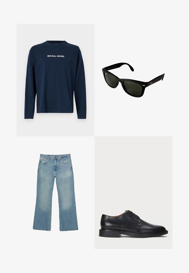 T-paita, jossa on pitkät hihat ja purppuranvärinen väri, valmistettu puuvillasta, jossa on pyöreä kaula-aukko ja etupuolella valkoiset tekstit "RED BULL RACING".; Vaalean siniset farkut leveällä lahkeella, joissa on viisi taskua, nappisuljenta ja hienovaraista haalistumista, sekä raaka helma ja kestävä ommel.; Musta nahkakenkä, jossa on pyöreä varvas, nauhakiinnitys ja matala tukipohja. Tasainen pinta, jossa on minimaalinen ommeltu yksityiskohta.; Mustikka muoviset aurinkolasit tummilla vihreillä linsseillä. Neliömäinen kehysornamentti, jossa on hopeiset yksityiskohdat ja kohokuvioitu logo ohjaimessa.