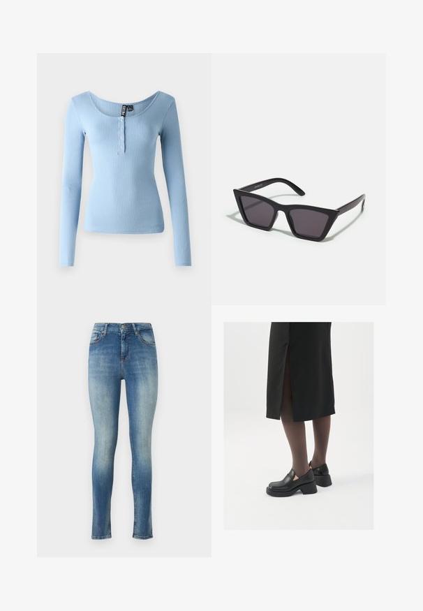 Prúžný dlhý rukáv top v svetlomodrej farbe so širokým výstrihom a zapínaním na gombíky. Mäkko tkanina s priliehavým strihom.; Chudé džíny vo svetlom modrom denime. Majú stredne vysoký pás, päť vreciek a jemné vyblednutie na prednej a zadnej strane pre opotrebovaný vzhľad.; Čierne kožené topánky s okrúhlou špičkou, silným blokovým opätkom a elastickými bočnými akcentmi, skombinované s tmavými pančuchami a čiernou sukňou so štiepením.; Čierne, ostré slnečné okuliare so sivými sklami; vyrobené z plastu, majú hrubé ramená s hladkým povrchom a bez viditeľnej mechaniky.; Strieborné kruhové náušnice s minimalistickým dizajnom. Cirkulárny tvar, hladký povrch a tenký profil. Ľahké s lesklým povrchom.