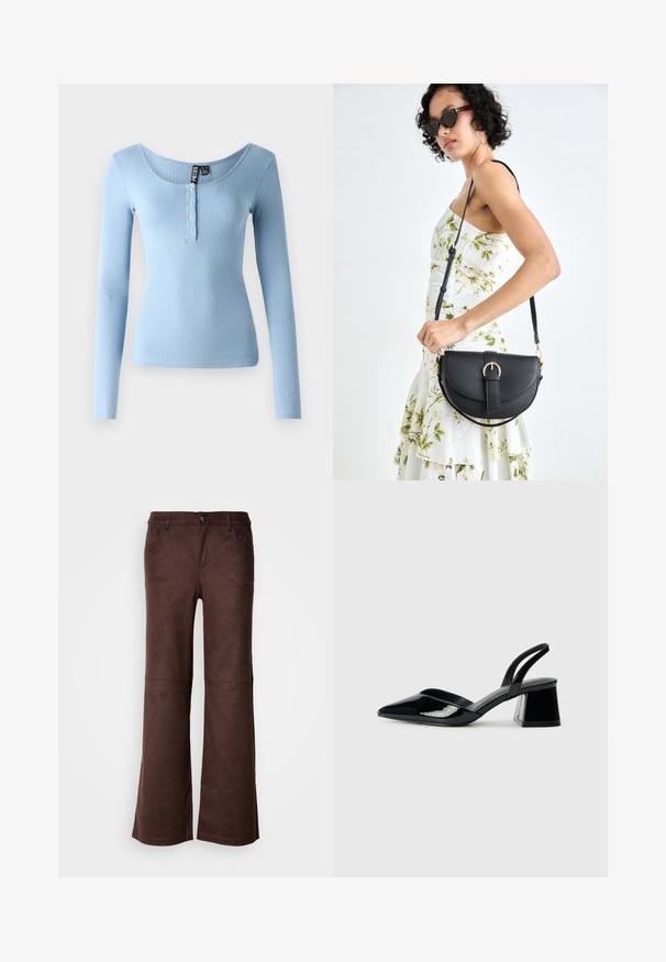 Ribbed pitkähihaine paita vaaleansinisessä, jossa on leveä pyöreä kaula-aukko ja napitus. Pehmeä kangas, joissa on istuva siluetti.; Ruskeat leveät housut pehmeästä, mokkamaisesta kankaasta. Varaudut neljään taskuun, napin kiinnitykseen ja sileään, tekstuuriin pintaan.; Mustat patentoitu nahkakengät, joissa on säären takaosa ja terävä kärki, sekä geometrinen palikkakorko. Sisältää tyylikkään, minimalistisen muotoilun ja sileän pinnan.; Musta nahkainen käsilaukku, joka on kaareva muotoilultaan, irrotettavalla hihnalla ja kultaisilla yksityiskohdilla. Laukussa on läppä, jossa on solk yksityiskohta.
