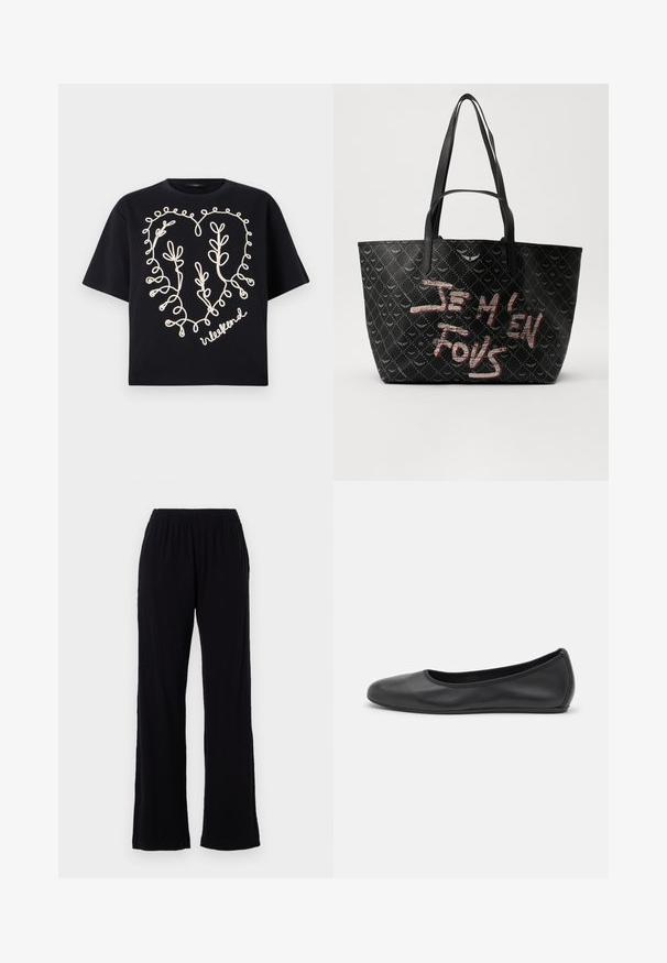 Musta puuvillapaita, jossa on löysä istuvuus, ja jossa on crèmeväriinen brodeerattu sydämen kuva ja sana "weekend" kursiivilla alareunassa.; Mustat, kevyet, joustavat vyötäröhousut suoran lahkeen muotoilulla. Pehmeä rakenne ilman näkyviä kuvioita tai koristeita. Yksinkertainen ja monikäyttöinen tyyli.; Musta nahkainen ballerina, jossa on pyöristetty kärki, sileä pinta, minimaalinen ommelkoristelu ja joustava pohjamuotoilu.; Musta olkalaukku, jossa on teksturoitu materiaali ja timanttikuvio, olkahihnat sekä rohkeaa punaista ja valkoista tekstiä, jossa lukee "JE M'EN FOUS."