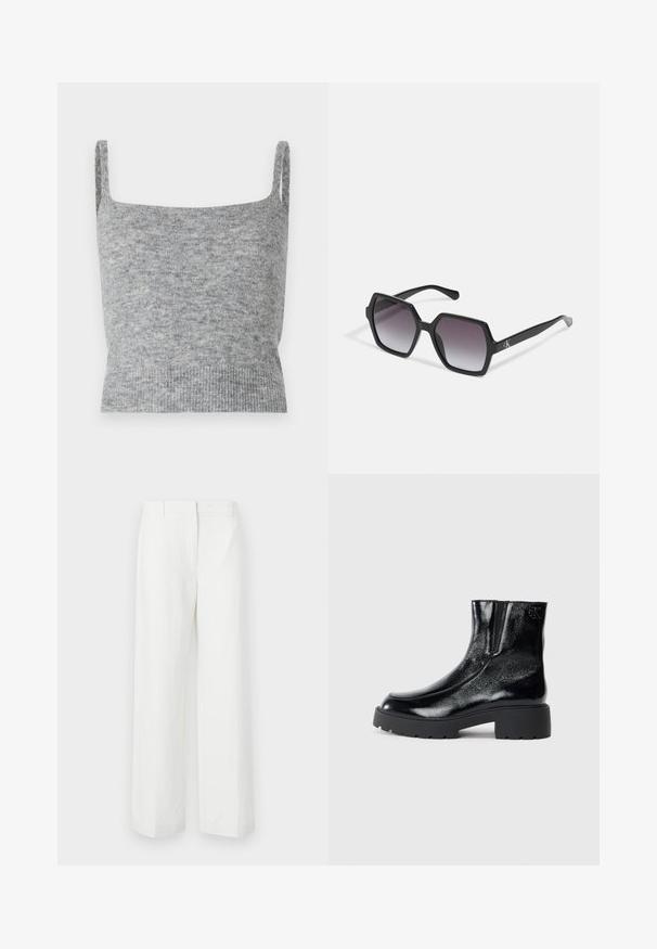 Top corto de punto gris con tirantes finos, escote cuadrado y dobladillo acanalado. La textura suave y el patrón sutil crean una apariencia acogedora.; Pantalones de pierna ancha blancos con una textura suave, que presentan un frente plano y pliegues marcados. Hechos de una tela ligera, sin patrones visibles.; Botines negros con acabado de charol brillante, suela de goma negra gruesa y tacón elevado; incluye un sutil detalle del logo en el lateral.; Gafas de sol hexagonales negras con lentes degradados, que presentan un acabado brillante y un sutil branding en la patilla. Construcción de plástico duradero.