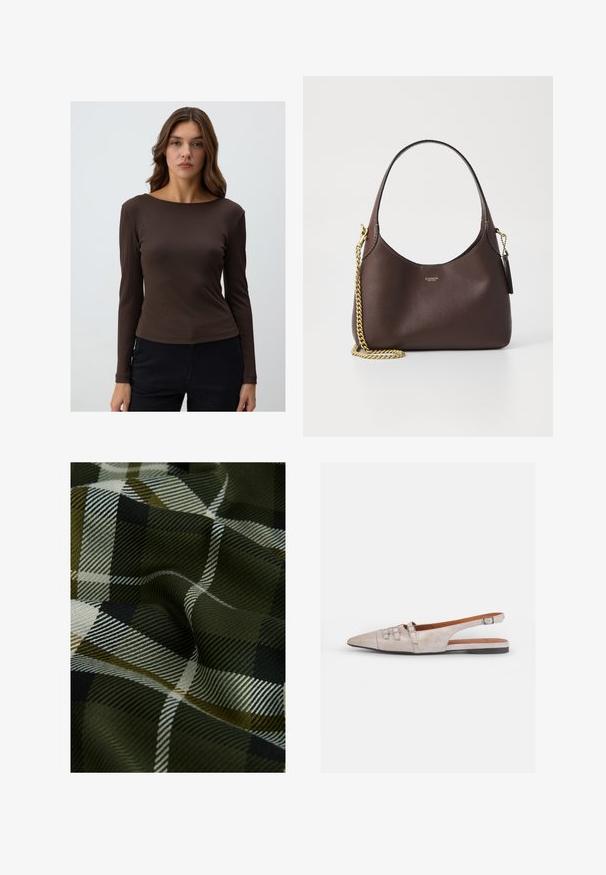 Top marrone a maniche lunghe con costine, scollo ampio e silhouette aderente, abbinato a pantaloni scuri. Tessuto morbido e elasticizzato.; Tessuto a quadri intrecciato con colori verde scuro, nero e bianco. La texture è liscia con una finitura morbida e motivo.; Scarpa slingback beige chiaro con punta allungata, una morbida texture in suede, dotata di due fibbie decorative e un tacco basso e piatto.; COACH BROOKLYN SHOULDER BAG 23 - Borsa a mano - maple