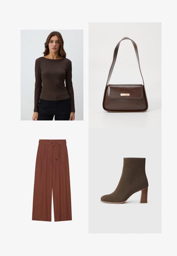 Braunes, geripptes Langarmoberteil mit weitem Halsauschnitt und figurbetontem Schnitt, kombiniert mit dunklen Hosen. Glatte, dehnbare Stoffoberfläche.; Braune Weitbeinehosen aus Stoff, mit einem Gürtel mit eckiger Schnalle, gefältetem Design und glatter Textur.; Braune Wildleder-Ankle-Boots mit runder Zehenform und einem gestuften, strukturierten Absatz. Glatte Oberfläche ohne sichtbare Verschlüsse oder Verzierungen.; Braune Lederschultertasche mit strukturierter Form, ausgestattet mit einem magnetischen Klappenverschluss und einem metallischen Logoakzent auf der Vorderseite.