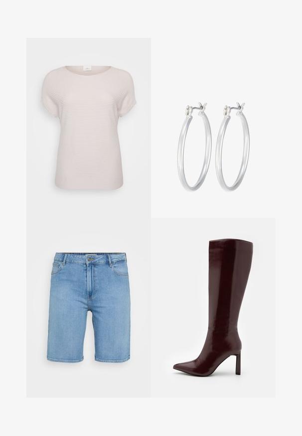 Šviesiai smėlinė raukšlėta trumpomis rankovėmis marškinėliai, turintys apvalų kaklą ir laisvą stilių, pagaminti iš minkštos, tekstūruotos medžiagos.; Šviesiai mėlynos džinsinės šortai su klasikinio kirpimo, turintys priekinį mygtuką, diržo kilpas ir dvi šonines kišenes. Lygus paviršius ir tiesus apvadas.; Even&Odd Batai - dark red; Sidabriniai auskarai su sklandžiu, poliruotu paviršiumi. Apvalios formos ir saugus uždarymo mechanizmas. Lengvas dizainas, tinkantis kasdieniam dėvėjimui.