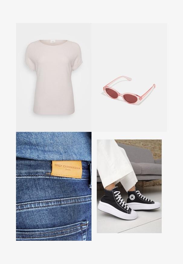 Ανοιχτό μπεζ ριγωτό t-shirt κοντού μανικιού με στρογγυλή λαιμόκοψη και χαλαρή εφαρμογή, κατασκευασμένο από μαλακό, υφασμάτινο υλικό.; Μπλε τζιν παντελόνι με καφέ δερμάτινη ετικέτα που γράφει "ONLY CARMKOMA Denim," με ορατές ραφές και λεπτομέρεια πλευρικής τσέπης.; Μαύρα καμβά sneakers με ψηλή φτέρνα, με λευκές καουτσούκ σόλες και κορδόνια. Διαθέτουν κυκλικό λογότυπο στο πλάι και εντυπωσιακή λευκή ραφή.; Ροζ διαφανή γυαλιά ηλίου με ωοειδείς φακούς, σκούρο κόκκινο τόνισμα και κομψούς βραχίονες, με απαλή υφή και διακριτές λεπτομέρειες στο σκελετό.