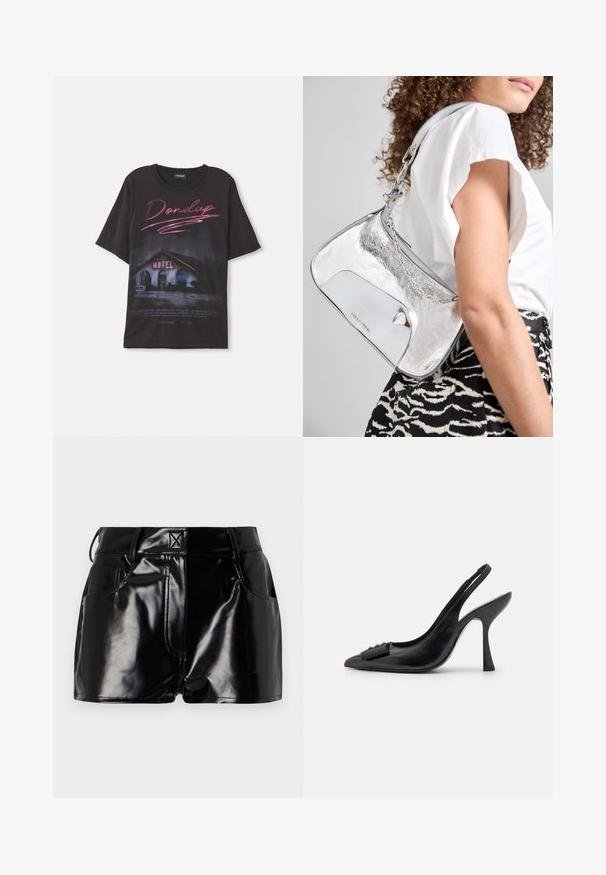 Black t-shirt featuring a graphic of a motel with pink and white text. Short sleeves and relaxed fit, made from cotton. Text includes brand name.; Black, glossy shorts made of synthetic material. Features a fitted waist, belt loops, and front pockets with prominent stitching details.; Black leather slingback shoe with a pointed toe, slim high heel, and a decorative bow accent. Smooth texture and sleek design.; Silver metallic shoulder bag with a smooth texture, curved design, chain strap, and a polished front panel featuring a subtle logo engraving.
