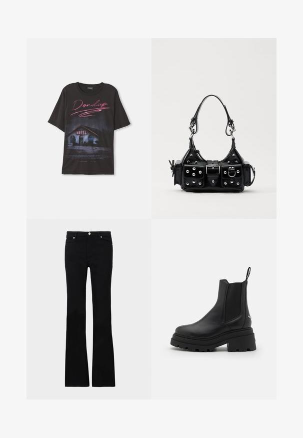 Black cotton T-shirt featuring a graphic of a motel scene with "Dondup" text in pink, oversized fit, no additional embellishments.; Black flared jeans made of denim, featuring two front pockets, a button closure, and a smooth texture. Signature stitching visible at seams.; Black chelsea boots made of smooth leather with elastic side panels, a thick, ridged rubber sole, and a pull tab at the back.; Black leather handbag with a curved design, featuring silver studs, a buckle, and two side pockets. Adjustable strap for carrying options.