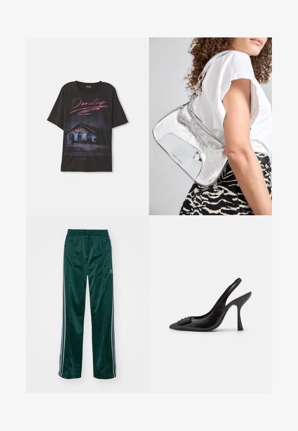 Zwarte t-shirt met een graphic van een motel en roze en witte tekst. Korte mouwen en een relaxte fit, gemaakt van katoen. De tekst bevat de merknaam.; Donkergroene sportbroeken van glanzend materiaal, met zijstrepens in lichtgrijs en een geborduurd logo op het linkerbeen.; Zwarte leren slingback schoen met een spitse neus, slanke hoge hak en een decoratieve strikaccent. Gladde textuur en elegant ontwerp.; Zilverkleurige schoudertas van metaal met een gladde textuur, gebogen ontwerp, kettinghengsel en een gepolijste voorpaneel met een subtiele logo-engraving.