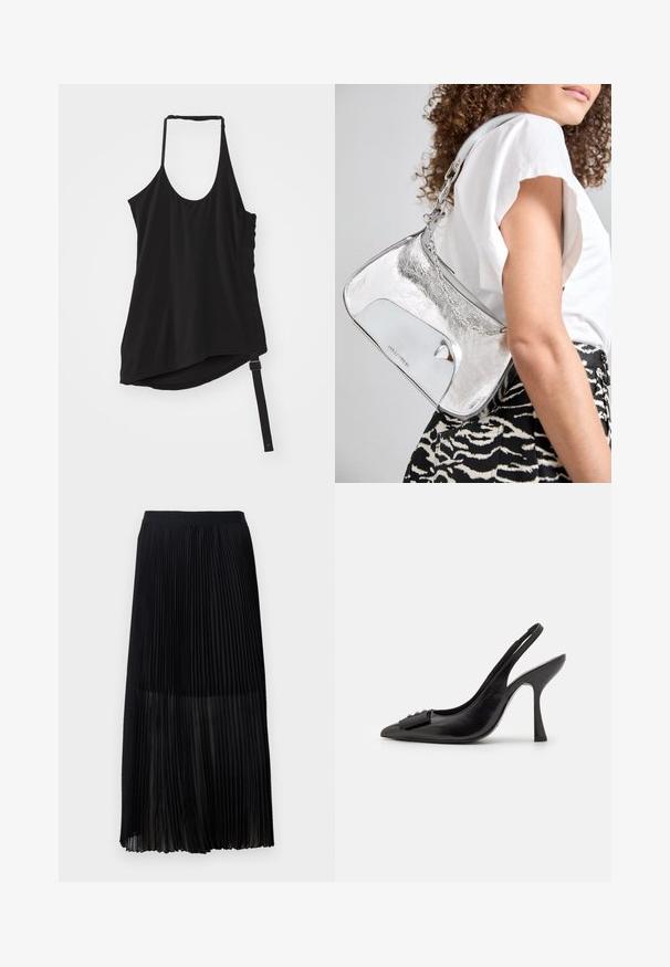 Helmut Lang WIND HARNESS - Felső - black; Fekete, plisírozott midi szoknya sima, elasztikus derékkal és áttetsző felső réteggel, finom függőleges pliszékkel az anyag teljes felületén.; Fekete bőr pántos cipő hegyes orral, karcsú magas sarkával és dekoratív masnival. Simaság és elegáns dizájn.; Ezüst fémes válltáska sima felülettel, ívelt formával, lánchordóval, és egy fényes elülső panellel, amelyen finom logógravírozás található.; Ez egy ezüst fülbevaló, amely áramló, spirális formatervezéssel rendelkezik. Simább textúrájú, fényes felületű. Diszkrét fényt biztosít, és nincsenek látható díszítések.