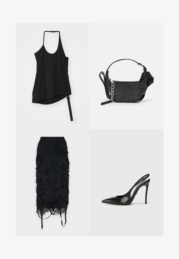 Helmut Lang WIND HARNESS - Top - black; Sort nederdel med lagdelte blondeaccenter, en tætsiddende talje og justerbare stropper. Designet inkluderer et bølge-lignende mønster gennem det hele.; Sort slingback pumpe med spids tå, tekstureret slangemønster, stilettahæl og en dekorativ spænde på stroppen.; Sort håndtaske med naglede dekorationer, en kædestrop og et glat læderhåndtag, med en rund form og en lynlåslomme.