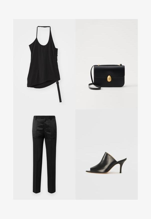 Helmut Lang WIND HARNESS - Topp - black; Mustad ülikondpüksid sirgete jalgadega ja vöökoht, millel on vööaasad, koos mattide ja läikivate kangaste paneelidega.; Must musta avatud varbaga king, millel on sujuv ja kumer disain, kõrge stilettokõrgus ja sile tekstuur. Siseosa on kontrastse heleda värviga.; Must kase nahast käekott, millel on struktureeritud ristkülikukujuline kuju. Omab kuldset ovaalset lukku ja õhukest õlavarre rihma. Sile tekstuur.