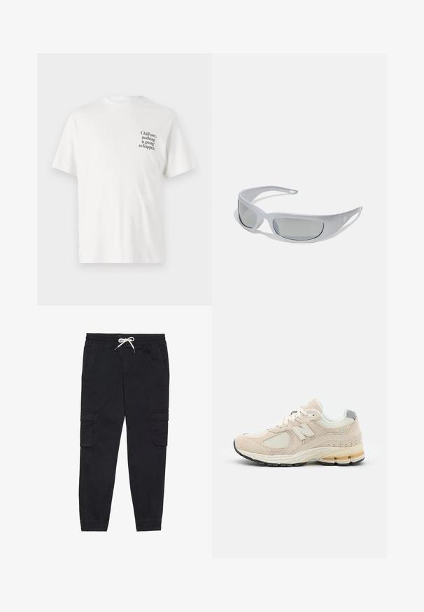 Balta medvilninė marškinėlių t-shirt su trumpomis rankovėmis, ant kairiojo krūtinės puikuojasi juodai atspausdintas tekstas, kuris sako: "Atsipalaiduok, nieko nenutiks."; Juodi šortai, pagaminti iš medvilnės, su elastingu juosmeniu ir virvute, šoninėmis kišenėmis ir siaurėjančiomis rankovėmis.; Šviesiai smėlinės bėgimo bateliai, pagaminti iš tinklinės ir zomšinės medžiagos, su paminkštintu padais, raišteliais ir pilku akcentu ant kulno.; Akiniai nuo saulės su elegantišku, pilku plastiko rėmu, išlenktu dizainu ir pilkai tonuotais objektyvais. Išskirtinė detalė - logotipas ant vienos šakės.