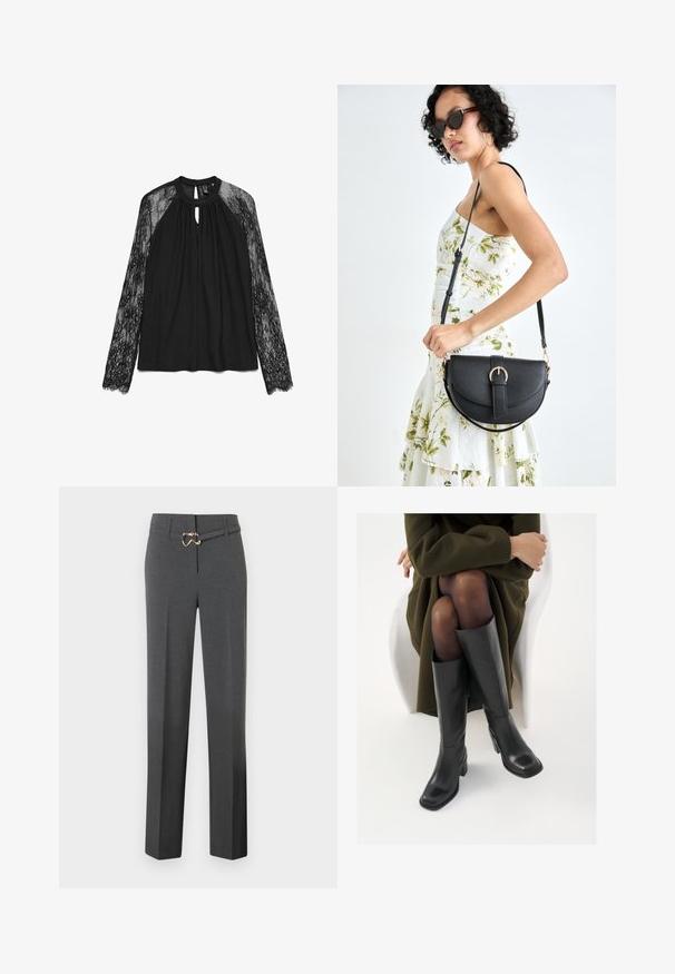 Zwarte blouse met lange mouwen voorzien van een kantpatroon op de mouwen, een ronde hals en een sleutelgatopening aan de voorkant. Glad stof met kanten rand.; Donkergrijze op maat gemaakte damesbroek met rechte pijpen en een dunne bijpassende riem met een goudkleurige gesp.; Knieschijf hoge zwarte leren laarzen met een vierkante neus en blokhak, getoond met een model dat zit in een olijfgroene jas. Gladde textuur, minimale details.; Zwarte leren handtas met een gebogen vorm, afneembare schouderband en gouden hardware. De tas heeft een klep met een gespsluiting.