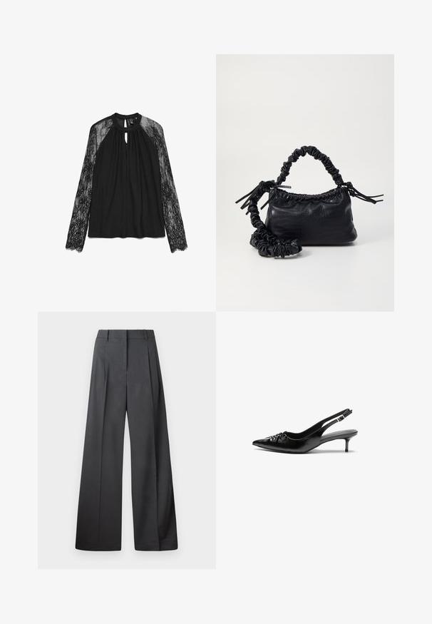 Bluza neagră cu mâneci lungi, cu un design de dantelă pe mâneci, decolteu rotund și deschidere tip cheiță în față. Material neted cu garnitură din dantelă.; Pantaloni culți din țesătură gri închis, cu talie înaltă, pliuri simple și o textură netedă, cu o finisare curată la tivuri.; Cizme slingback din piele neagră, cu vârf ascuțit, toc mic de tip kitten heel și un detaliu decorativ sub formă de nod în față. Textură netedă pe întreaga suprafață.; Geantă din faux leather neagră cu textură de crocodil, cu partea superioară strânsă și o curea mototolită. Pare moale și compactă ca design.